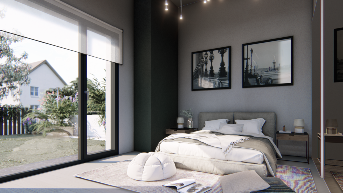 Infografía de un dormitorio con salida al jardín